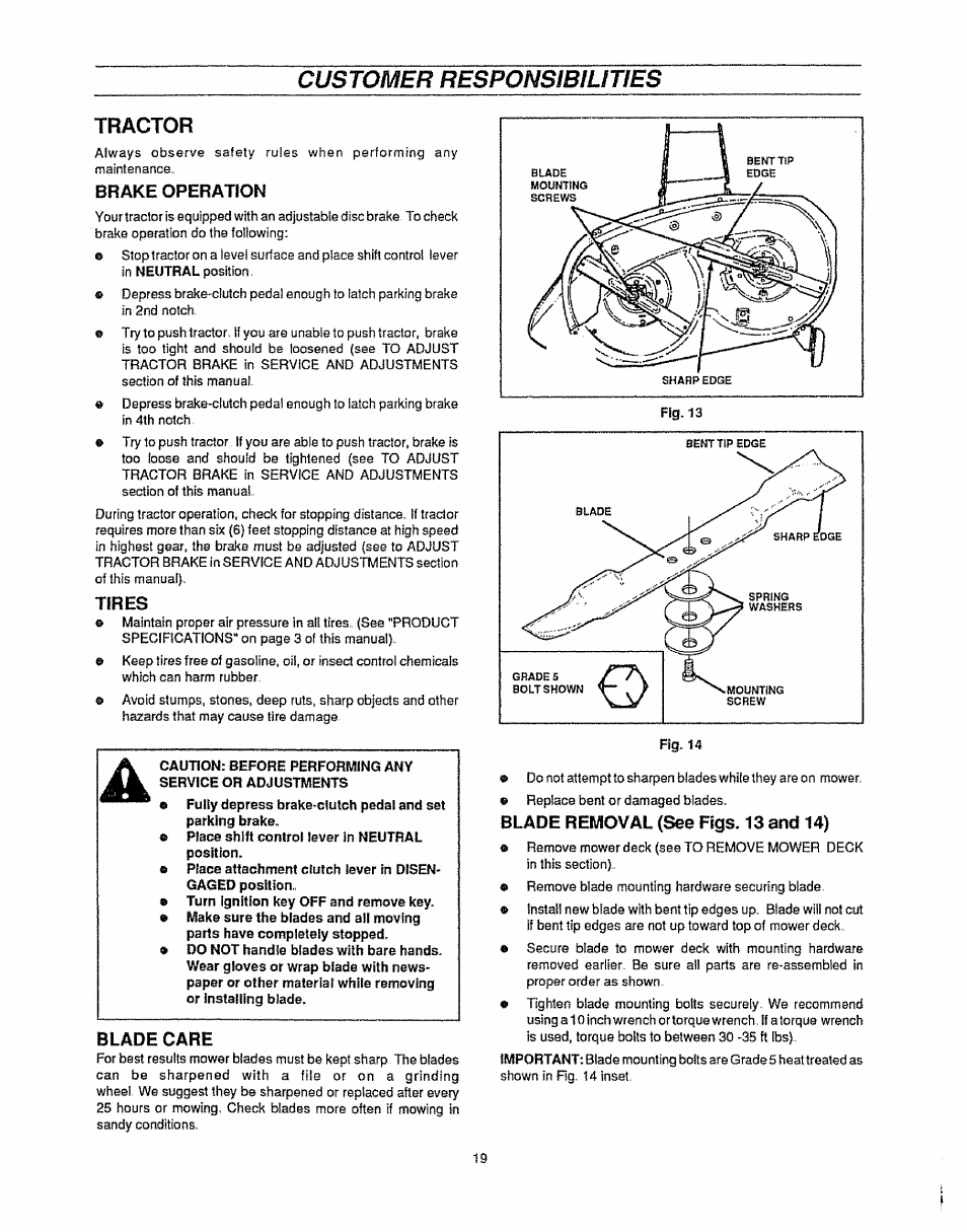 Tractor, Brake operation, Tires | Blade care, Blade removal (see figs. 13 and 14), Blade brake, Tractor -63, Customer responsibilities | Sears 536.25587 User Manual | Page 19 / 74