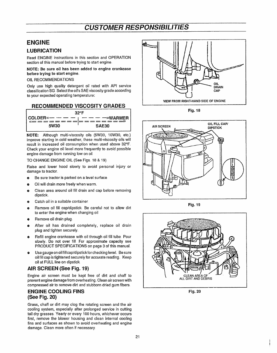 Engine, Lubrication, Recommended viscosity grades | Air screen (see fig. 19), Engine cooling fins, See fig. 20), Customer responslbiuties | Sears 536.25587 User Manual | Page 21 / 74