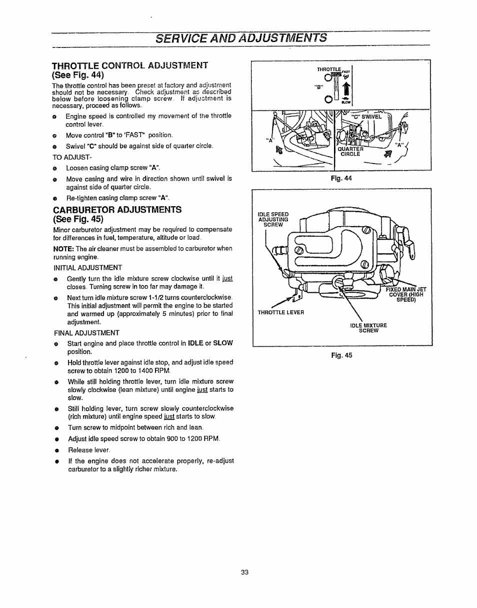 Throttle control adjustment (see fig. 44), Carburetor adjustments (see fig. 45), Service and adjustments | Sears 536.25587 User Manual | Page 33 / 74