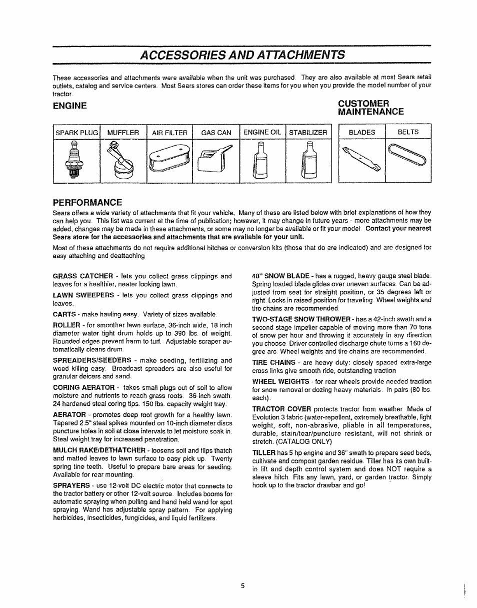 Engine customer, Maintenance, Performance | Accessories and attachments | Sears 536.25587 User Manual | Page 5 / 74