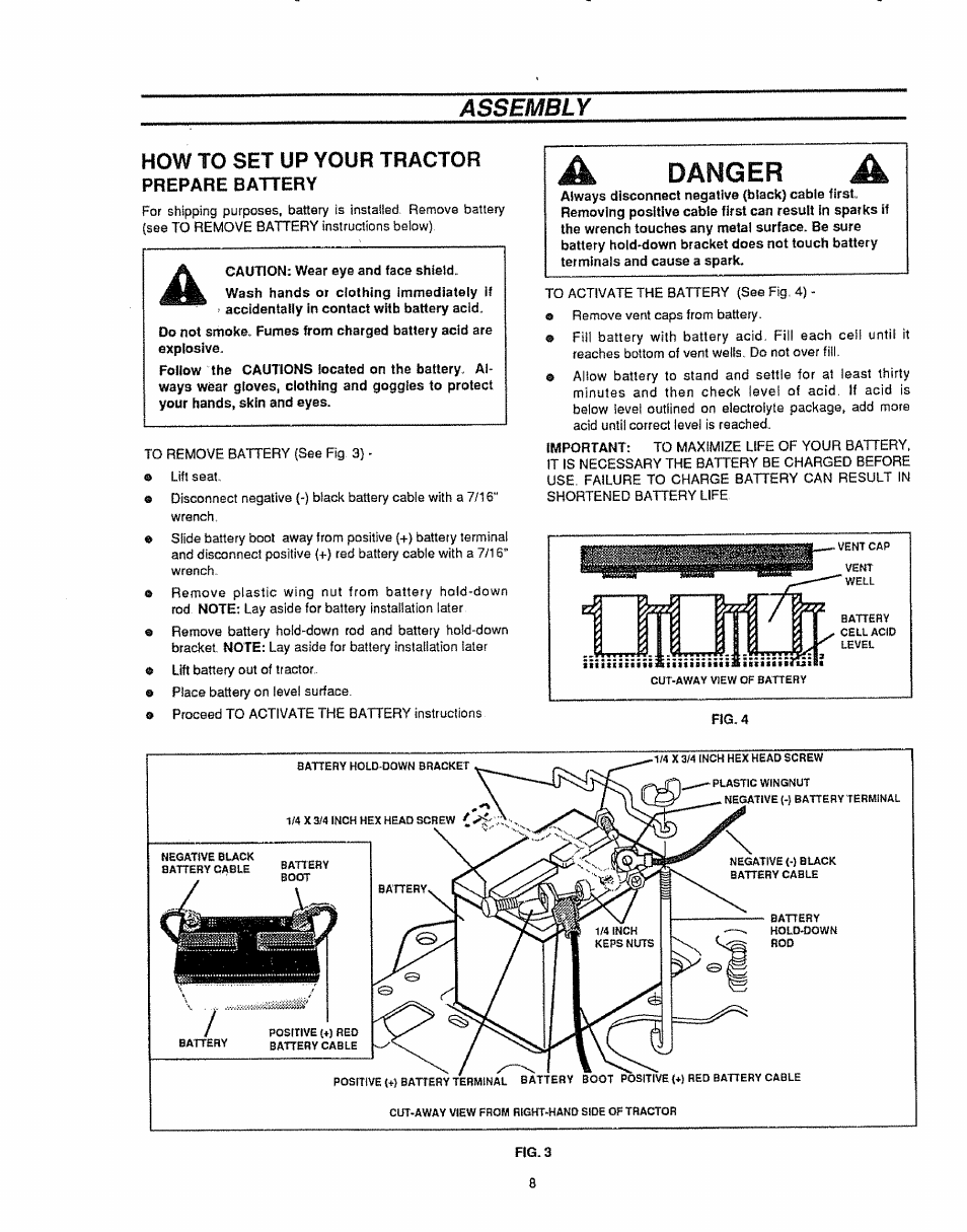 How to set up your tractor, Prepare battery, Danger | Assembly | Sears 536.25587 User Manual | Page 8 / 74