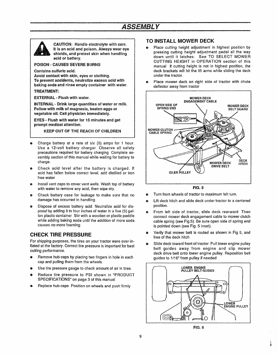 Check tire pressure, To install mower deck, Assembly | Sears 536.25587 User Manual | Page 9 / 74