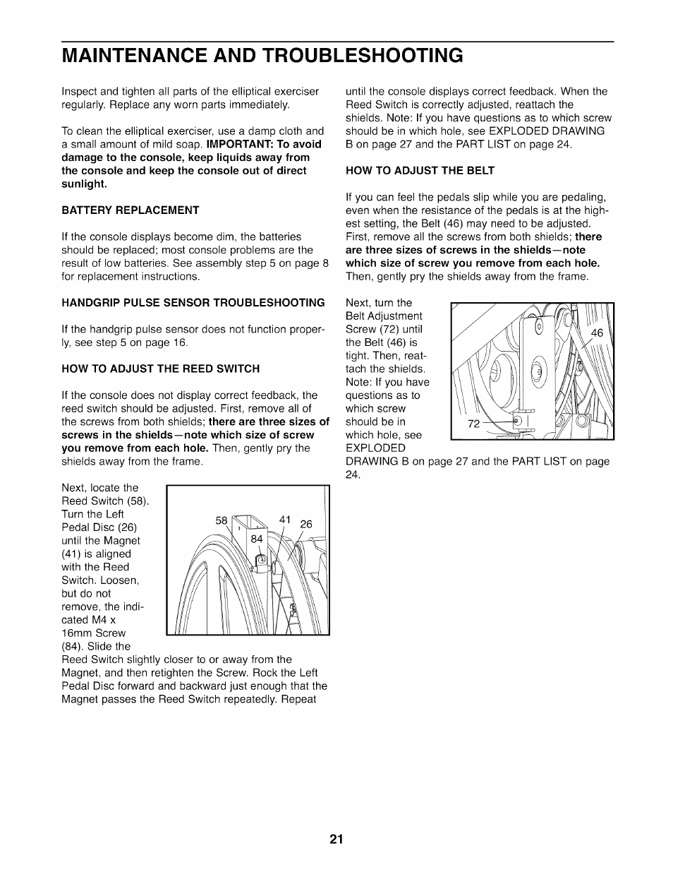 Maintenance and troubleshooting, Battery replacement, How to adjust the belt | Handgrip pulse sensor troubleshooting, How to adjust the reed switch | Sears PRO-FORM 831.23744.1 User Manual | Page 21 / 28