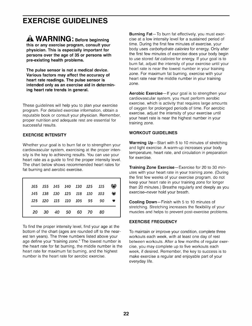 Exercise guidelines, Exercise intensity, Workout guidelines | Exercise frequency, Exercise guidelines a warning | Sears PRO-FORM 831.23744.1 User Manual | Page 22 / 28