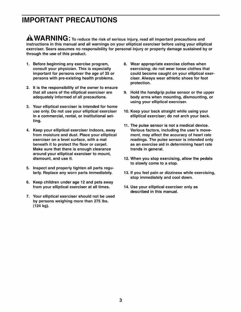 Important precautions, Important precautions a, Warning | Sears PRO-FORM 831.23744.1 User Manual | Page 3 / 28