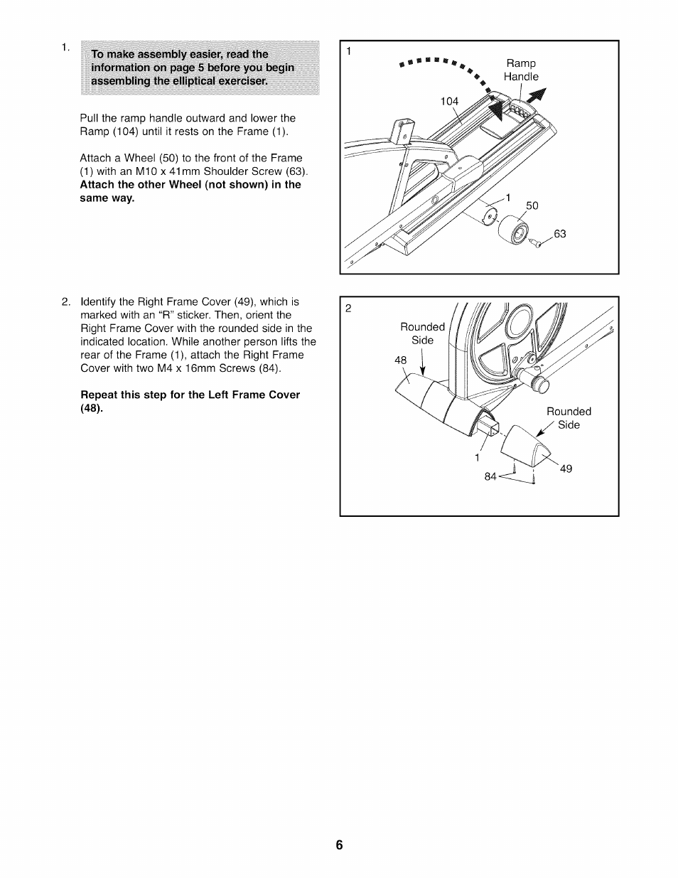 Repeat this step for the left frame cover (48) | Sears PRO-FORM 831.23744.1 User Manual | Page 6 / 28