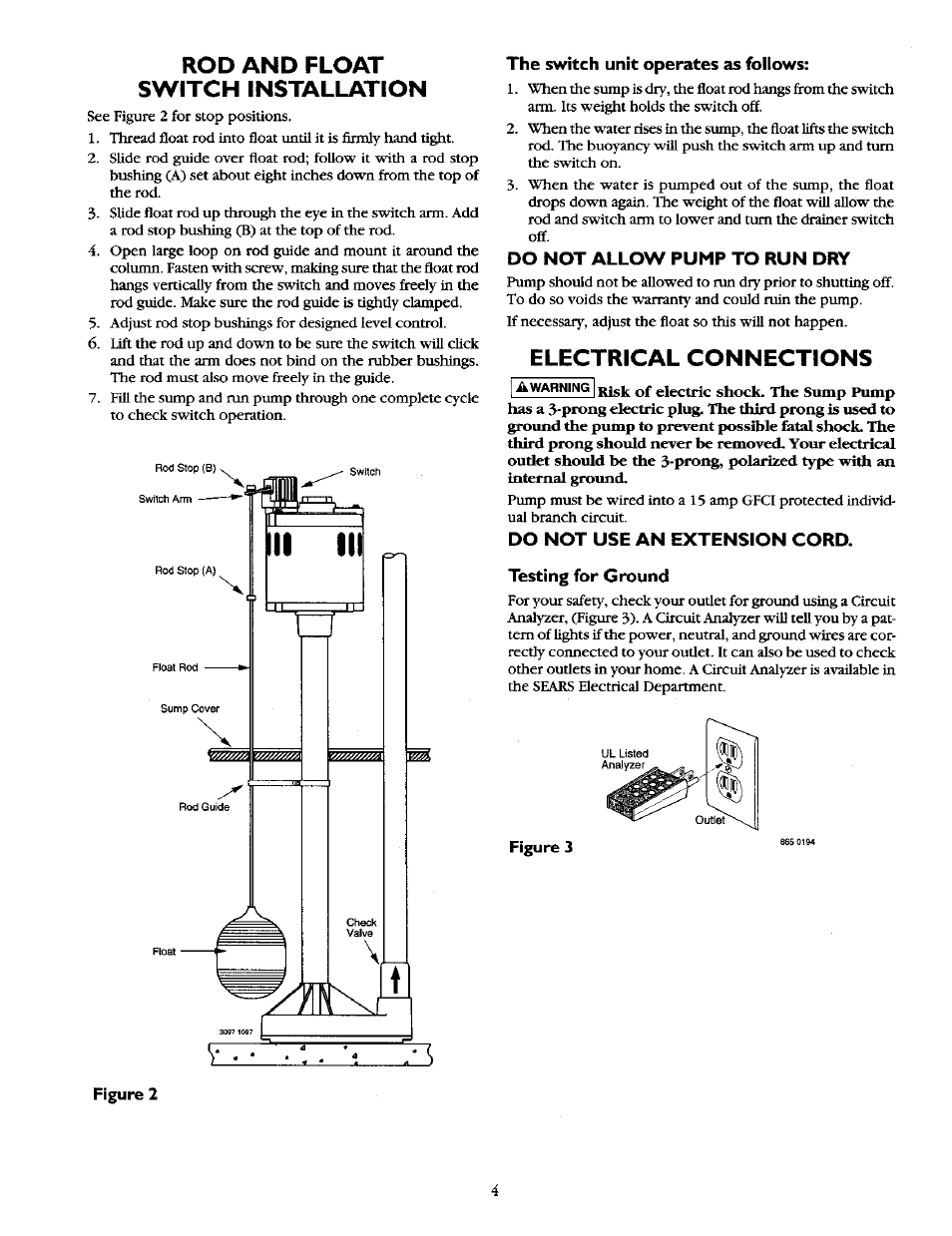 Rod and float switch installation, Electrical connections | Sears 390.303491 User Manual | Page 4 / 8