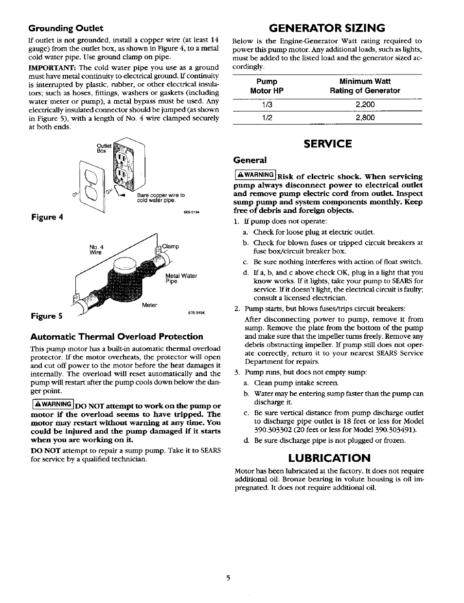 Generator sizing, Service, Lubrication | Sears 390.303491 User Manual | Page 5 / 8