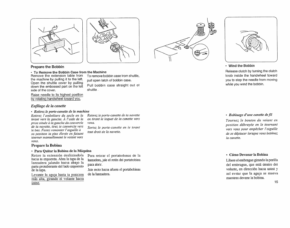 Enfilage de la canette, Cómo devanar la bobina | Sears 385.11608 User Manual | Page 16 / 83