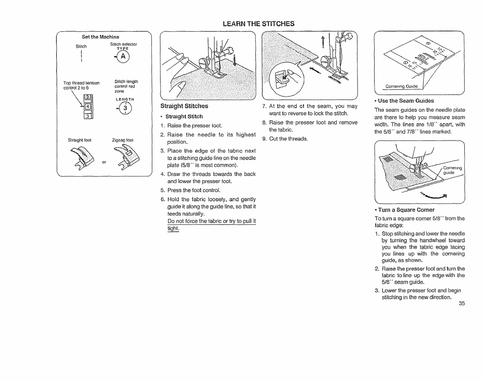 Learn the stitches, Straight stitches | Sears 385.11608 User Manual | Page 36 / 83