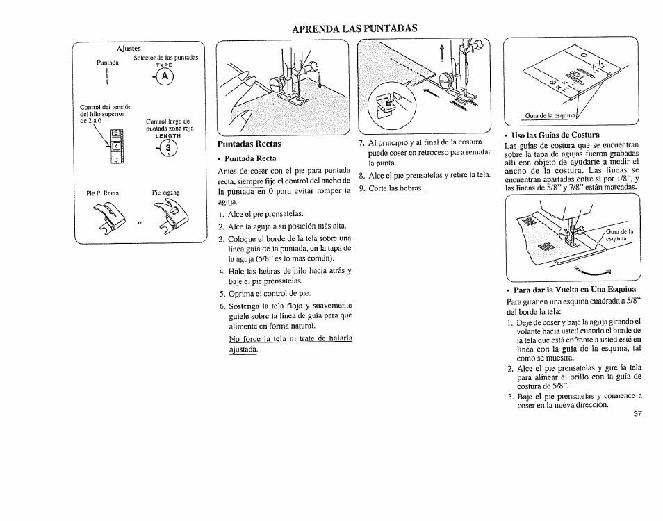 Aprenda las puntadas, Puntadas rectas • puntada recta, Para dar ia vuelta en una esquina | Nlada | Sears 385.11608 User Manual | Page 38 / 83