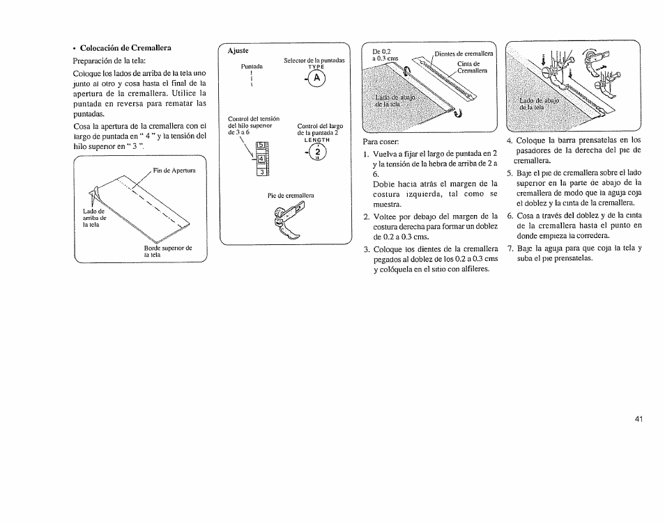 Colocación de cremallera, Ajuste | Sears 385.11608 User Manual | Page 42 / 83