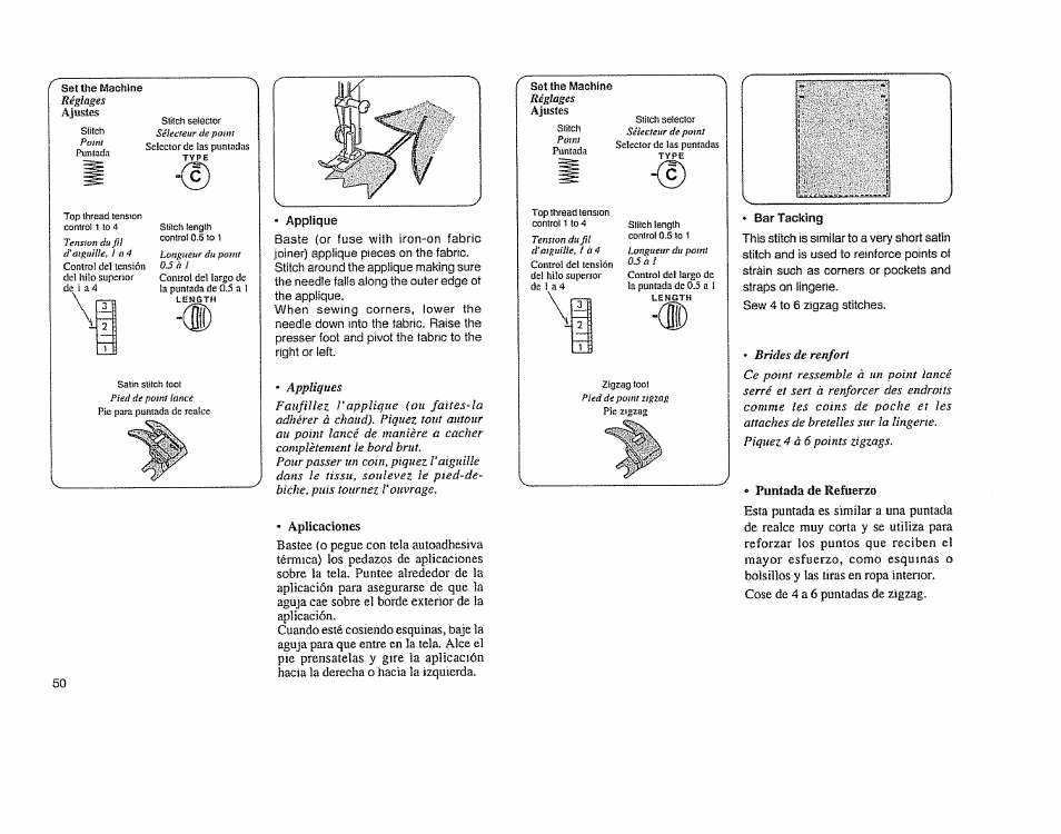 Barracking, Bar tacking, Puntada de refuerzo | Sears 385.11608 User Manual | Page 51 / 83