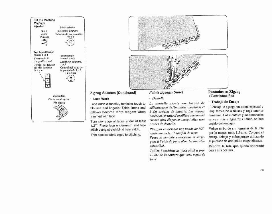 Zigzag stitches (continued), Puntadas en zigzag (continuación), Points zigzags (suite) | Sears 385.11608 User Manual | Page 56 / 83