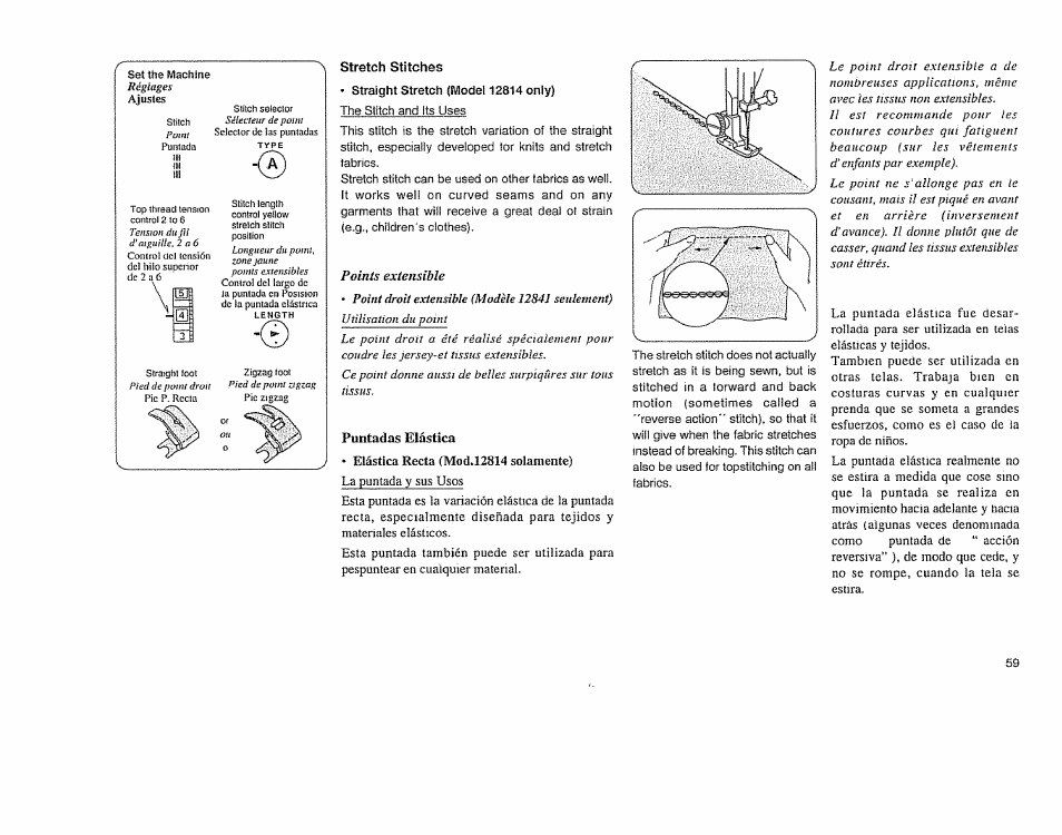 Stretch stitches, Puntadas elástica, Potnis extensible | Sears 385.11608 User Manual | Page 60 / 83