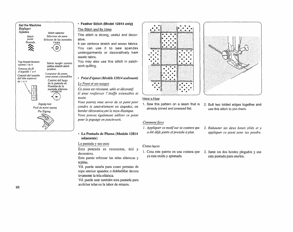 Feather stitch {yodel 12814 only), La puntada de pluma (modelo 12814 solamente), Feather stitch (model 12814 only) | Ajustes | Sears 385.11608 User Manual | Page 69 / 83