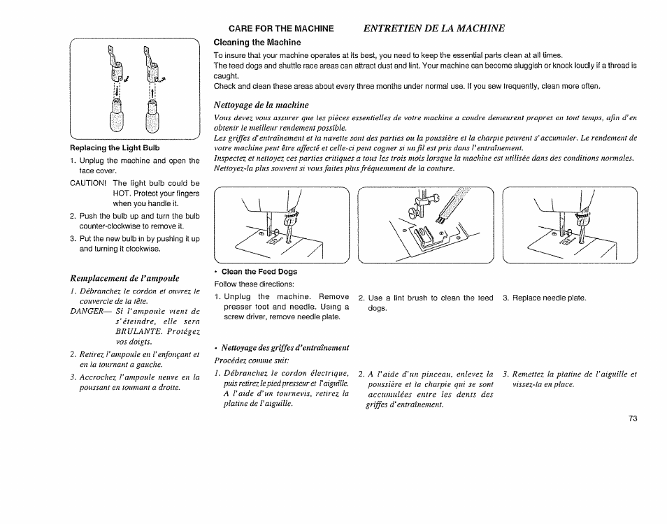 Remplacement de ampoule, Entretien de la machine, Nettoyage de la machine | Sears 385.11608 User Manual | Page 74 / 83