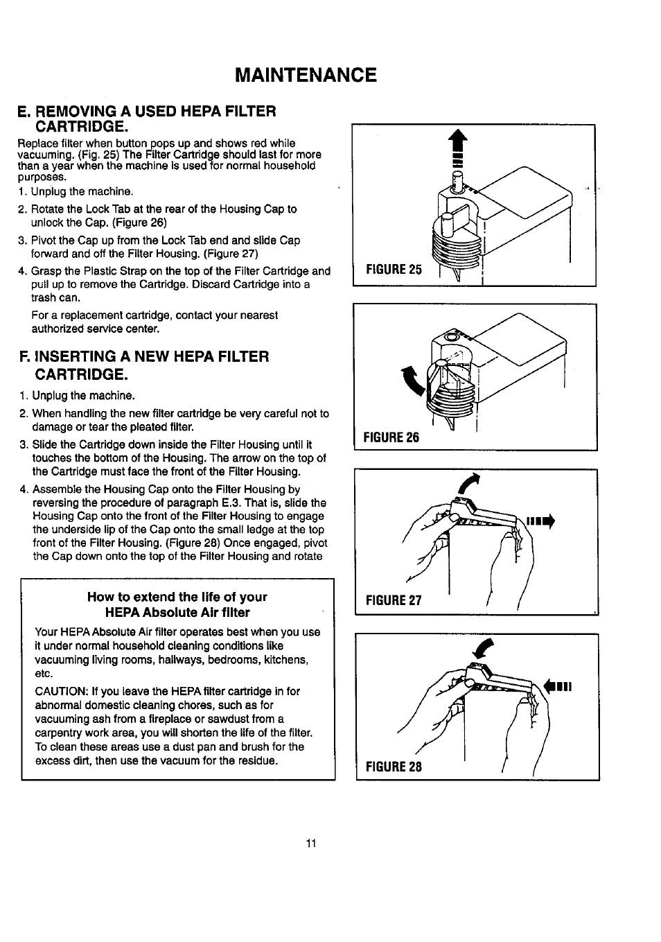 E. removing a used hepa filter cartridge, F. inserting a new hepa filter cartridge, Maintenance | Sears DESTINY PLUS 204.3699969 User Manual | Page 13 / 16