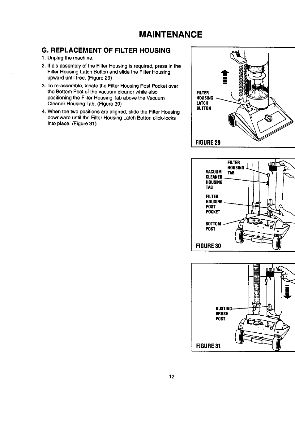 Maintenance, G. replacement of filter housing | Sears DESTINY PLUS 204.3699969 User Manual | Page 14 / 16