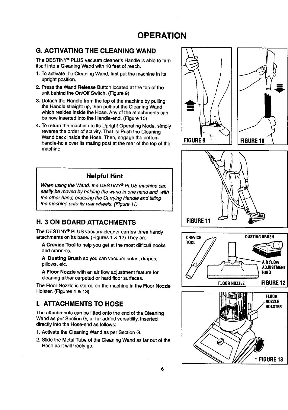 Operation, G. activating the cleaning wand, Helpful hint | H. 3 on board attachments, I. attachments to hose | Sears DESTINY PLUS 204.3699969 User Manual | Page 8 / 16
