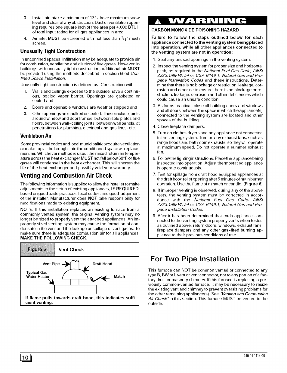 Venting and combustion air check, For two pipe installation | Sears 9MPD User Manual | Page 10 / 62
