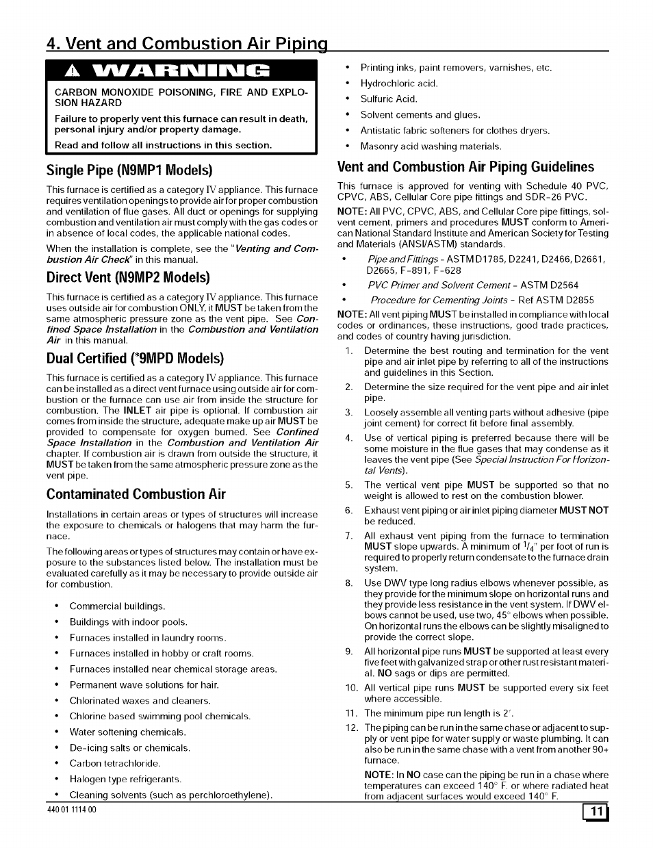 Vent and combustion air piping, Single pipe (n9mp1 models), Direct vent (n9mp2 models) | Dual certified f 9mpd models), Contaminated combustion air, Vent and combustion air piping guidelines, Vent & combustion air piping | Sears 9MPD User Manual | Page 11 / 62
