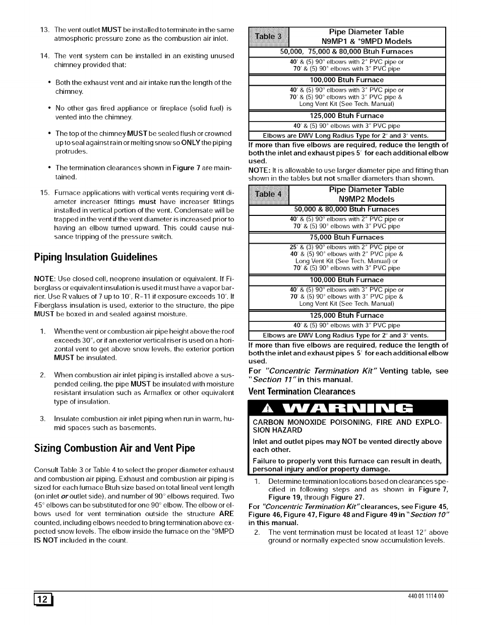 Piping insulation guidelines, Sizing combustion air and vent pipe, Vent termination clearances | Sears 9MPD User Manual | Page 12 / 62