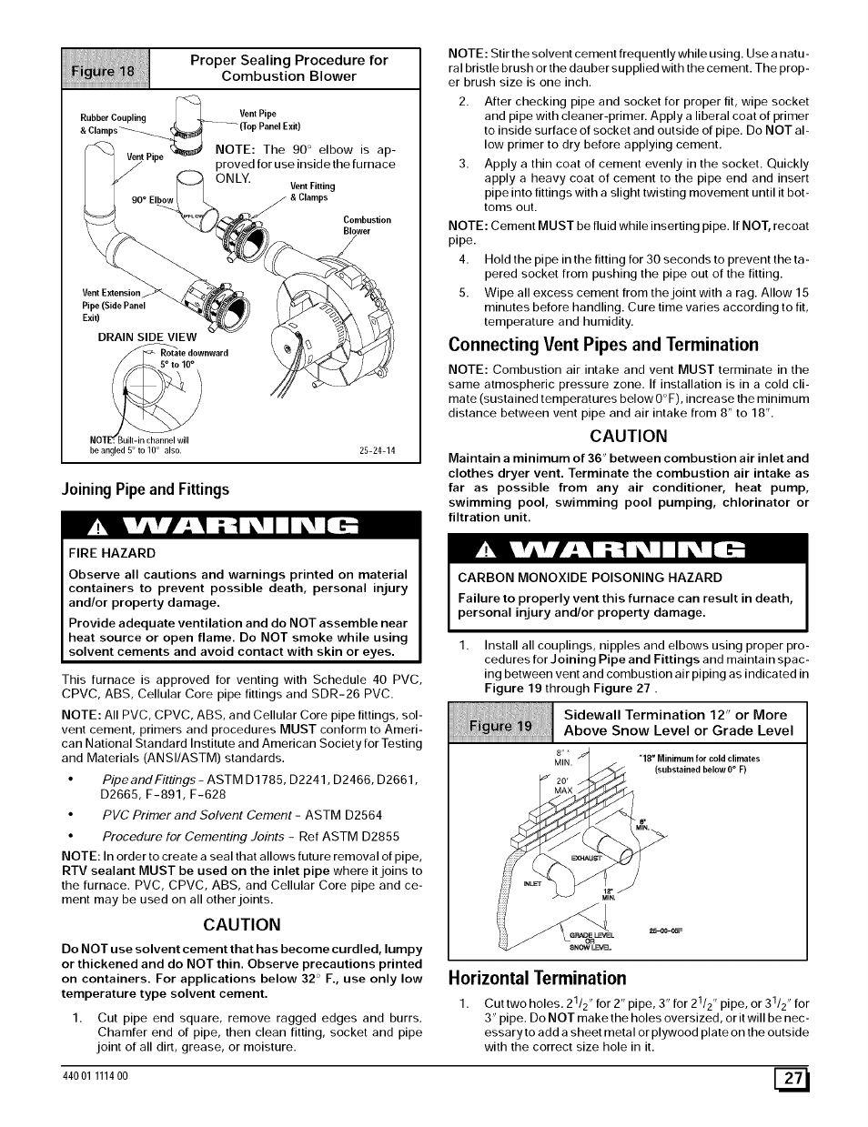Connecting vent pipes and termination, Horizontal termination, 1a#ari\iii\ib | Caution | Sears 9MPD User Manual | Page 27 / 62