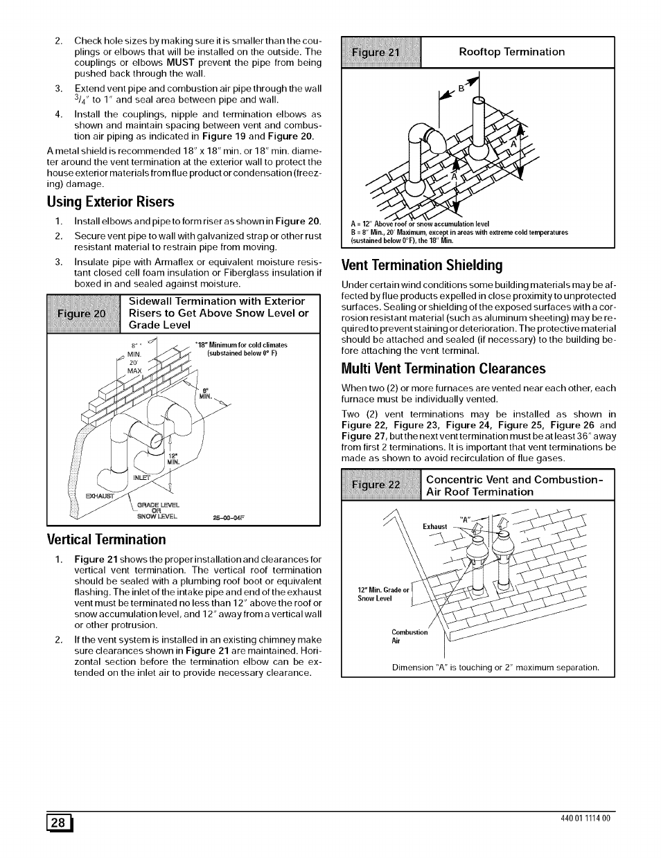 Using exterior risers, Vertical termination, Vent termination shielding | Multi vent termination clearances | Sears 9MPD User Manual | Page 28 / 62
