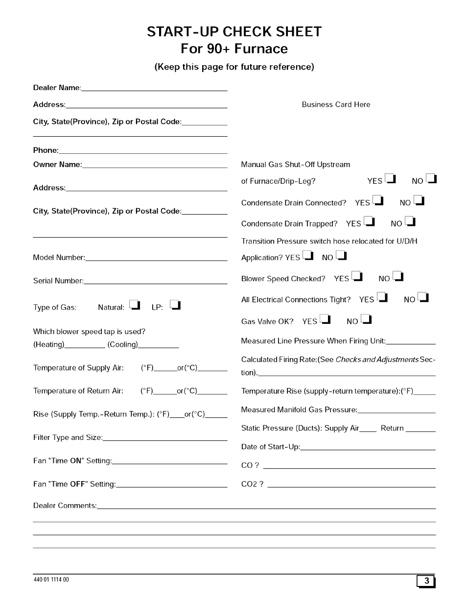 Start-up check sheet for 90+ furnace | Sears 9MPD User Manual | Page 3 / 62