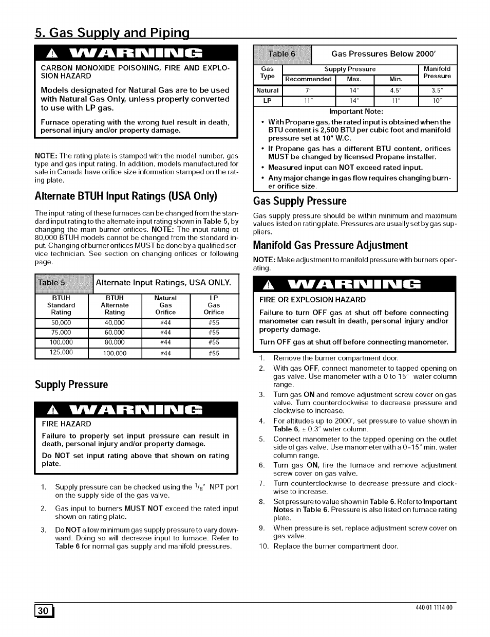 Gas supply and piping, Alternate btuh input ratings (usa only), Supply pressure | Gas supply pressure, Manifold gas pressure adjustment | Sears 9MPD User Manual | Page 30 / 62