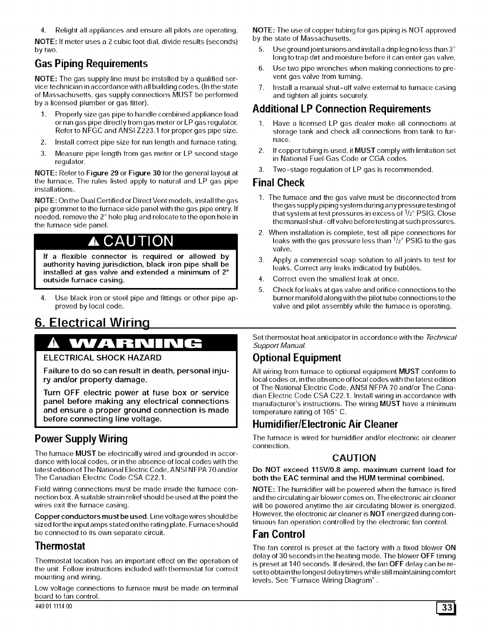 Gas piping requirements, Additional lp connection requirements, Final check | Electrical wiring, Power supply wiring, Thermostat, Optional equipment, Humidifier/electronic air cleaner, Fan control, Caution | Sears 9MPD User Manual | Page 33 / 62