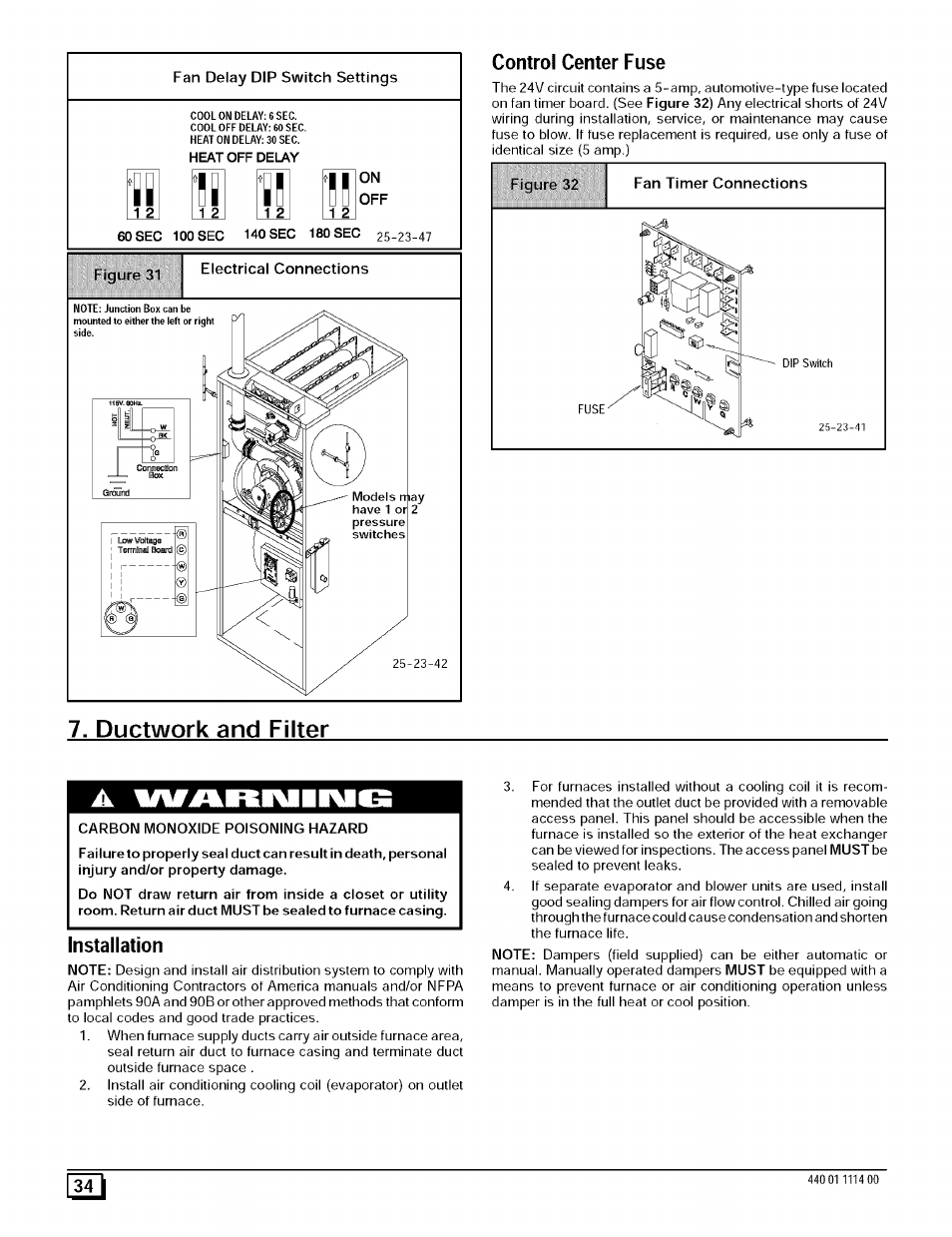 Control center fuse, Ductwork and filter, Installation | Ductwork and filter a, 1a#ari\iii\ib | Sears 9MPD User Manual | Page 34 / 62