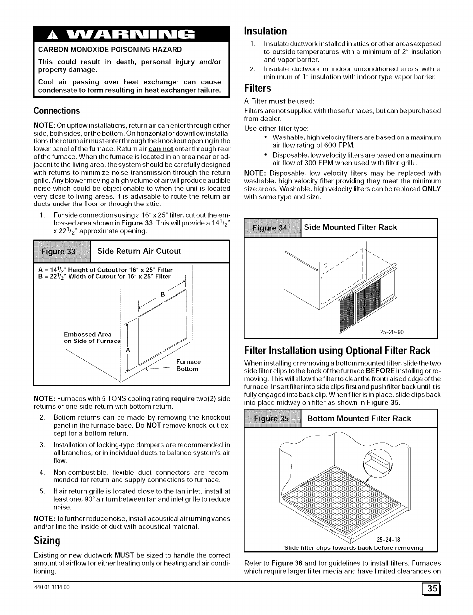 Sizing, Insulation, Filters | Filter installation using optional filter rack, Connections | Sears 9MPD User Manual | Page 35 / 62