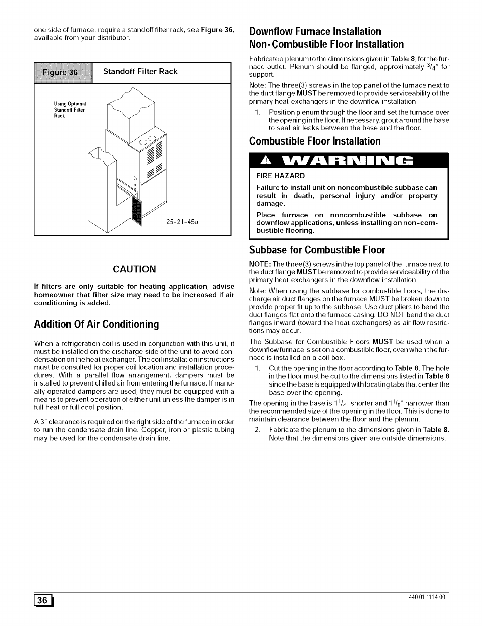 Additjon of air conditioning, Combustible floor installation, Subbase for combustible floor | Н361, Caution | Sears 9MPD User Manual | Page 36 / 62