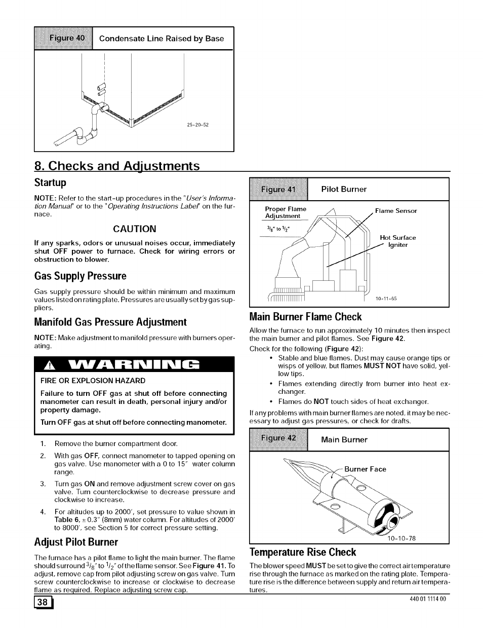 Checks and adjustments, Startup, Gas supply pressure | Manifold gas pressure adjustment, Adjust pilot burner, Main burner flame check, Temperature rise check, Checks and adjustments startup, Caution | Sears 9MPD User Manual | Page 38 / 62