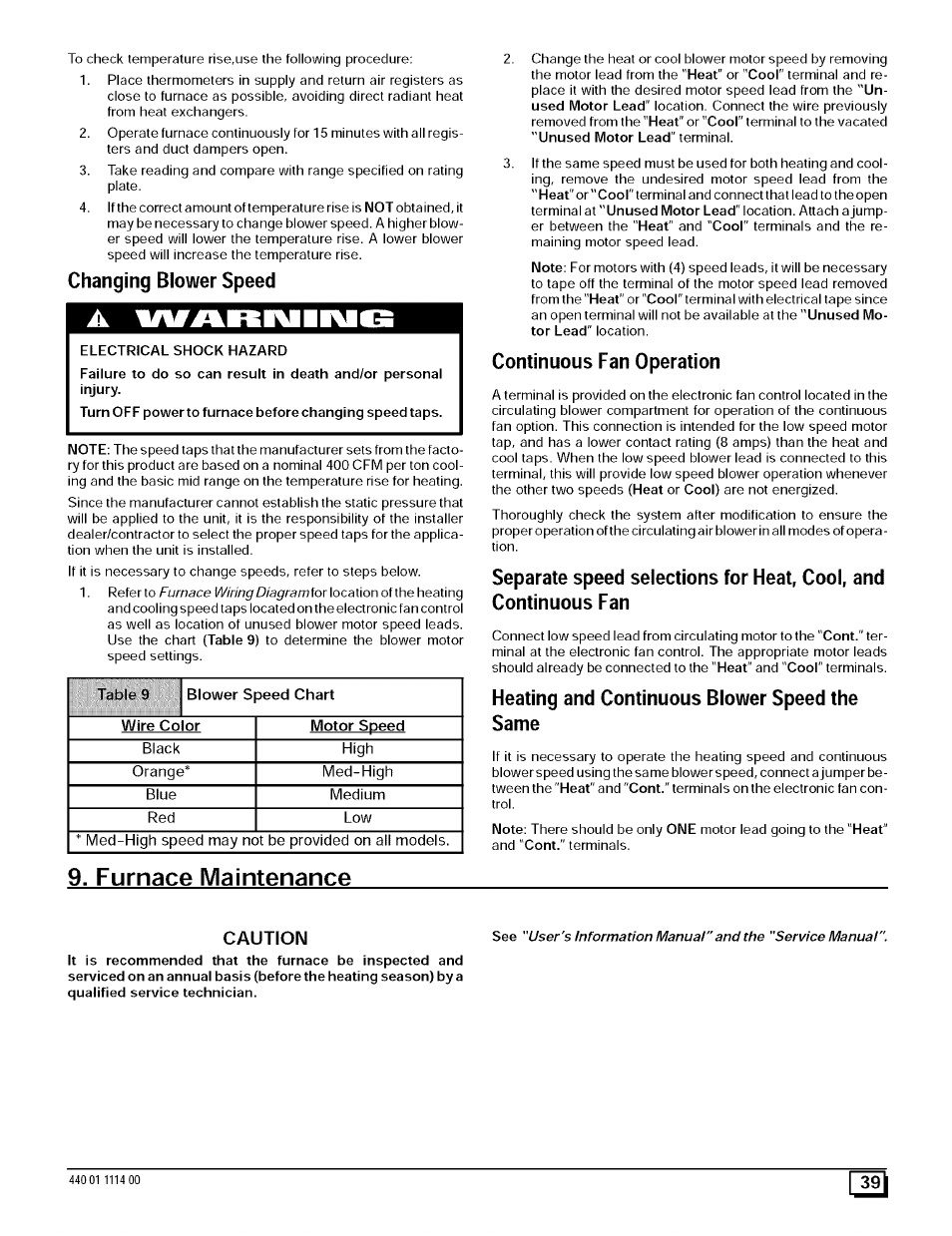 Changing blower speed, Continuous fan operation, Heating and continuous blower speed the same | Furnace maintenance | Sears 9MPD User Manual | Page 39 / 62