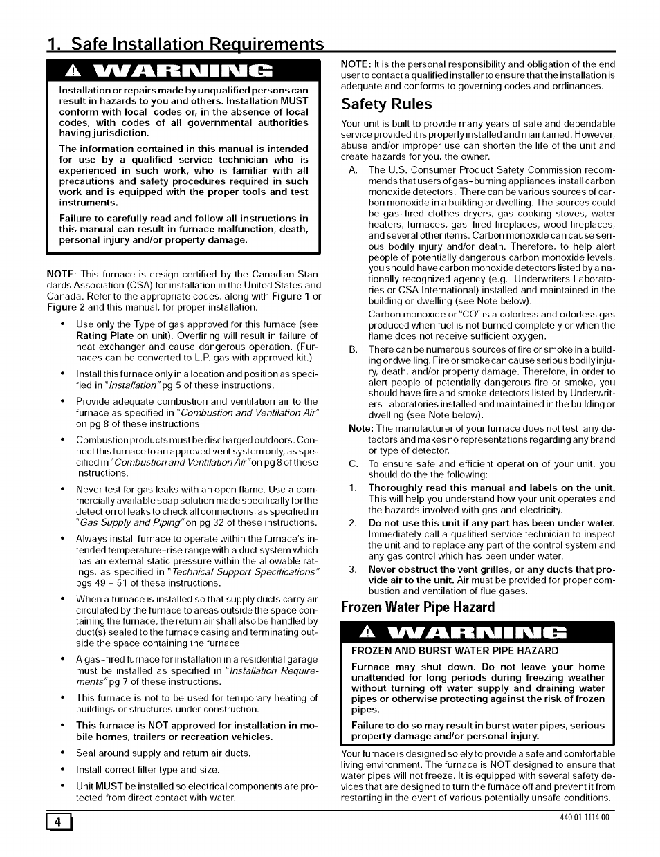 Safe installation requirements, Safety rules, Frozen water pipe hazard | Sears 9MPD User Manual | Page 4 / 62