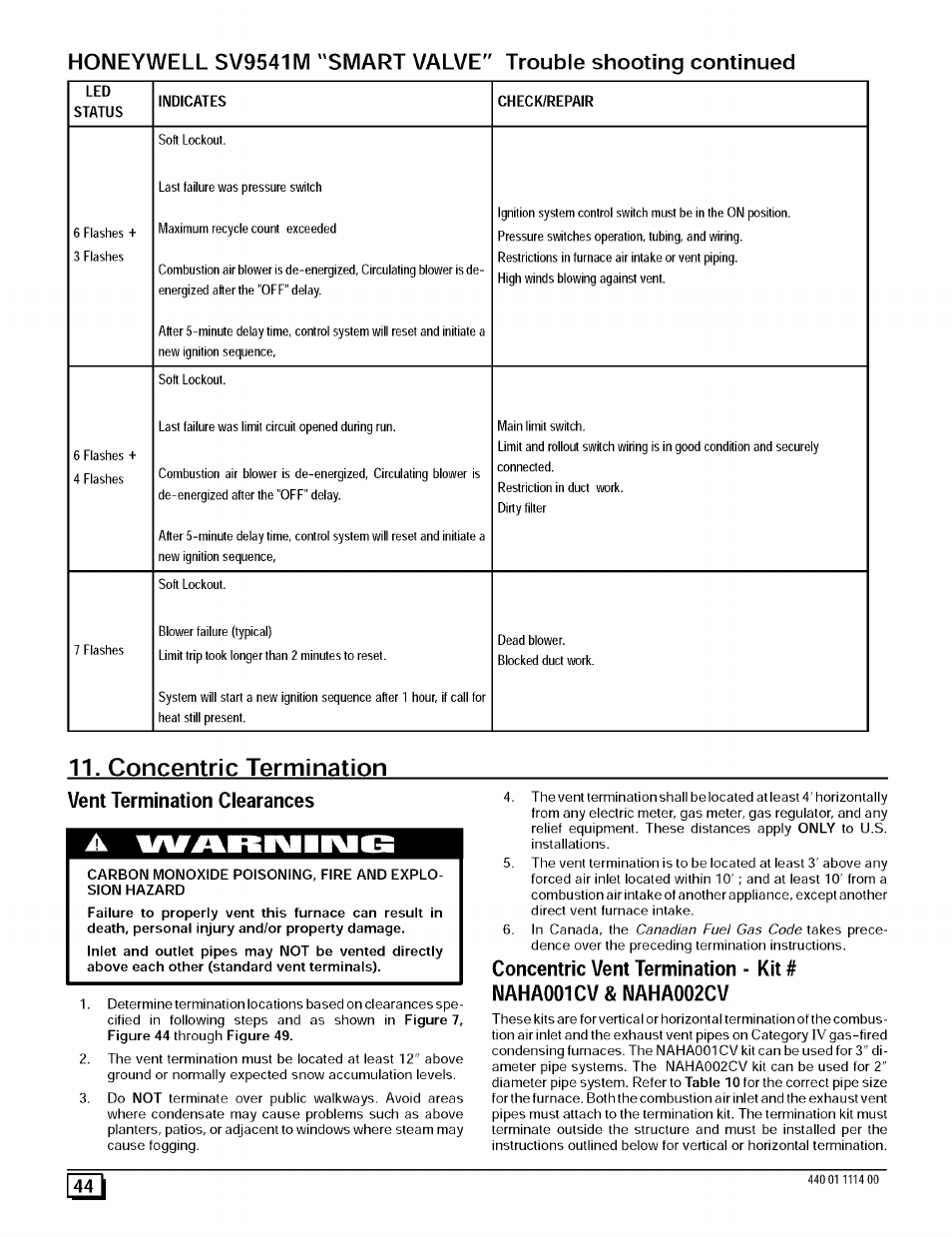 Concentric termination, Vent termination clearances, Concentric vent termination | Concentric termination vent termination clearances | Sears 9MPD User Manual | Page 44 / 62