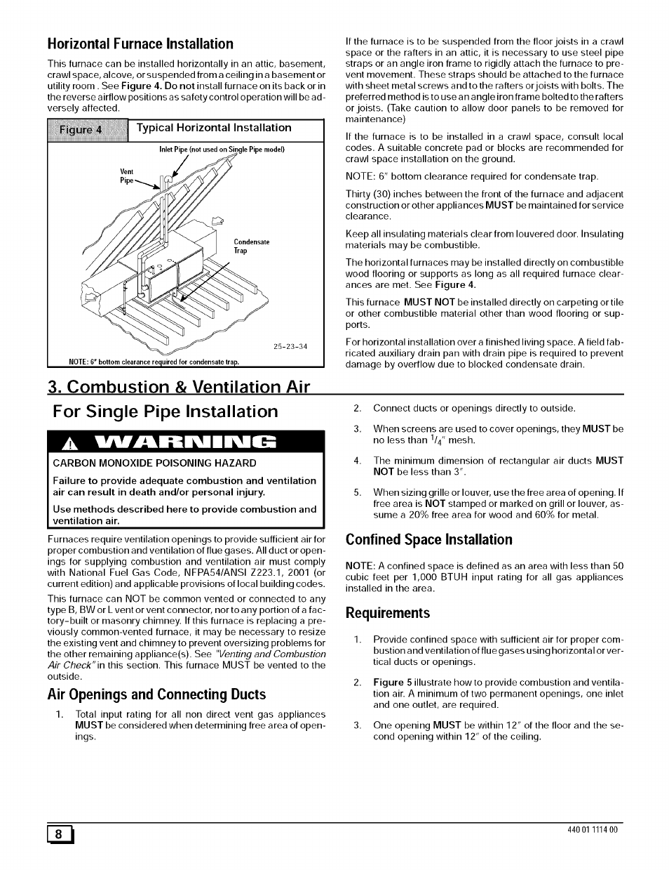 Horizontal furnace installation, Combustion & ventilation air, For single pipe installation | Air openings and connecting ducts, Confined space installation, Requirements, A#ariuii\ig | Sears 9MPD User Manual | Page 8 / 62