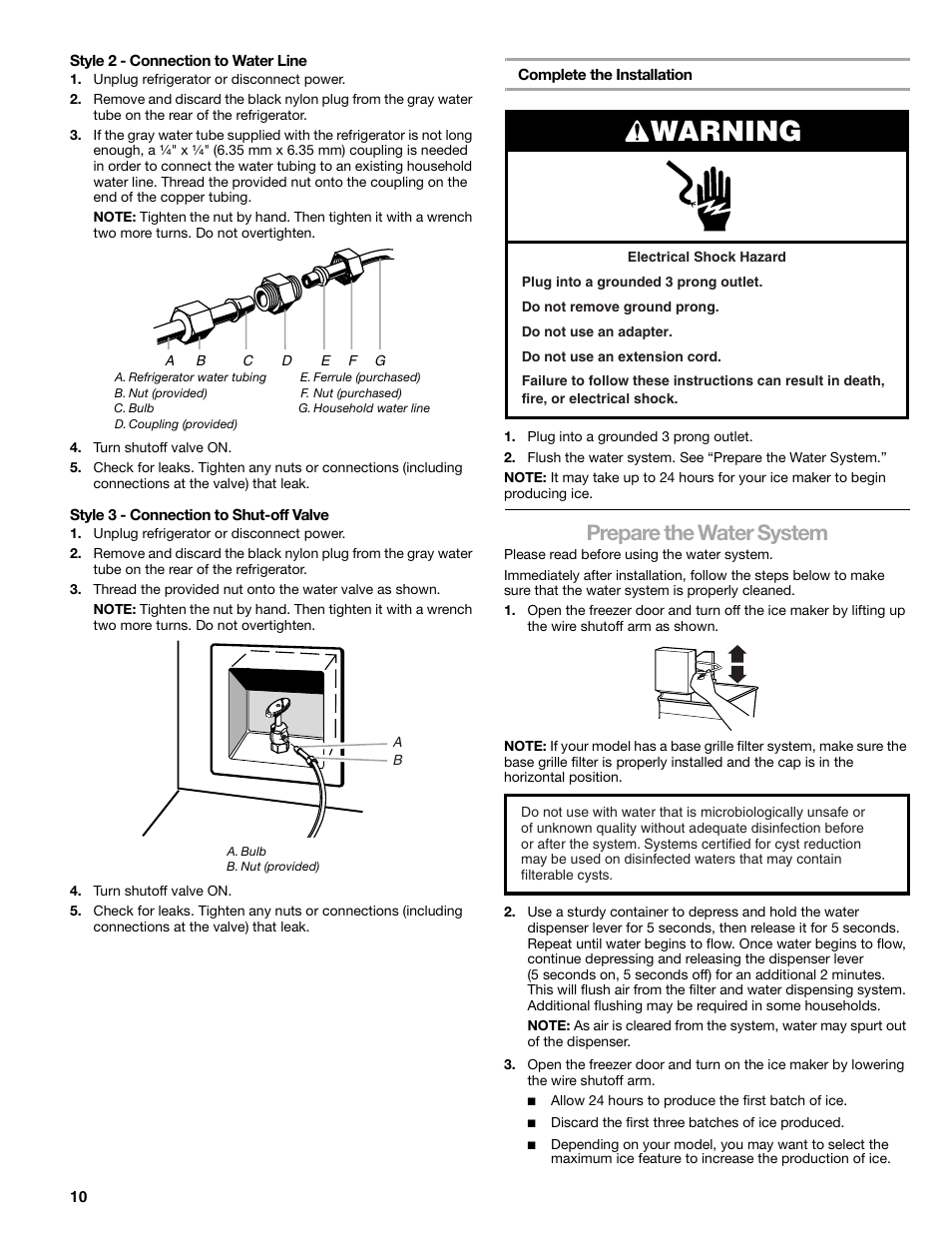 Warning, Prepare the water system | Sears T1KB2/T1RFKB2 User Manual | Page 10 / 72