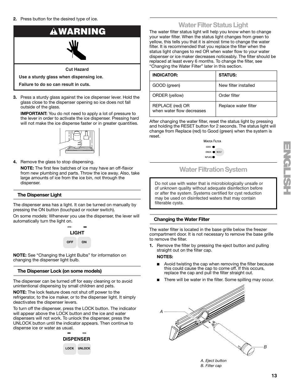 Warning, Water filter status light, Water filtration system | Sears T1KB2/T1RFKB2 User Manual | Page 13 / 72