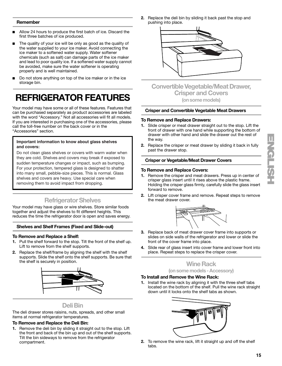 Refrigerator features, Refrigerator shelves, Deli bin | Wine rack | Sears T1KB2/T1RFKB2 User Manual | Page 15 / 72