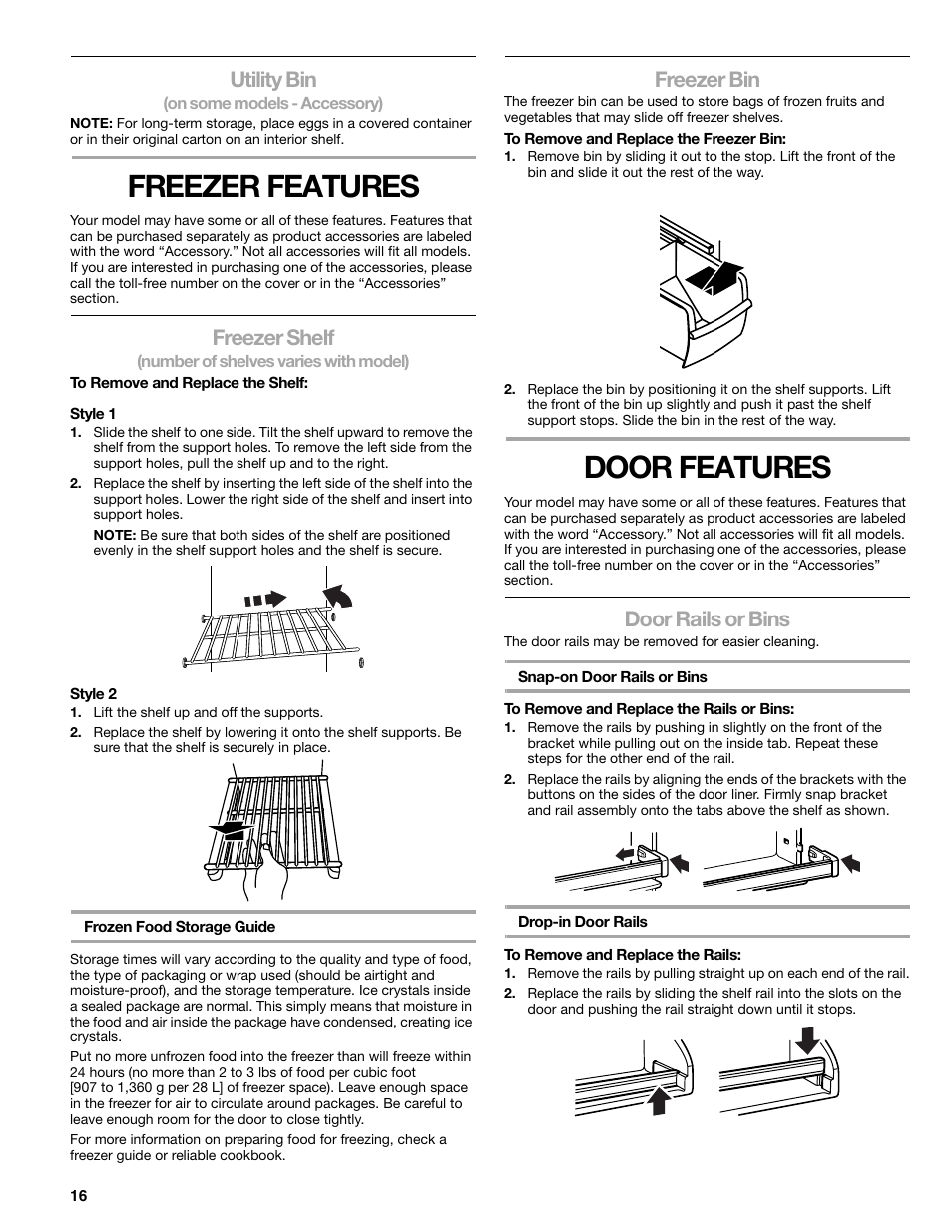 Freezer features, Door features, Utility bin | Freezer shelf, Freezer bin, Door rails or bins | Sears T1KB2/T1RFKB2 User Manual | Page 16 / 72
