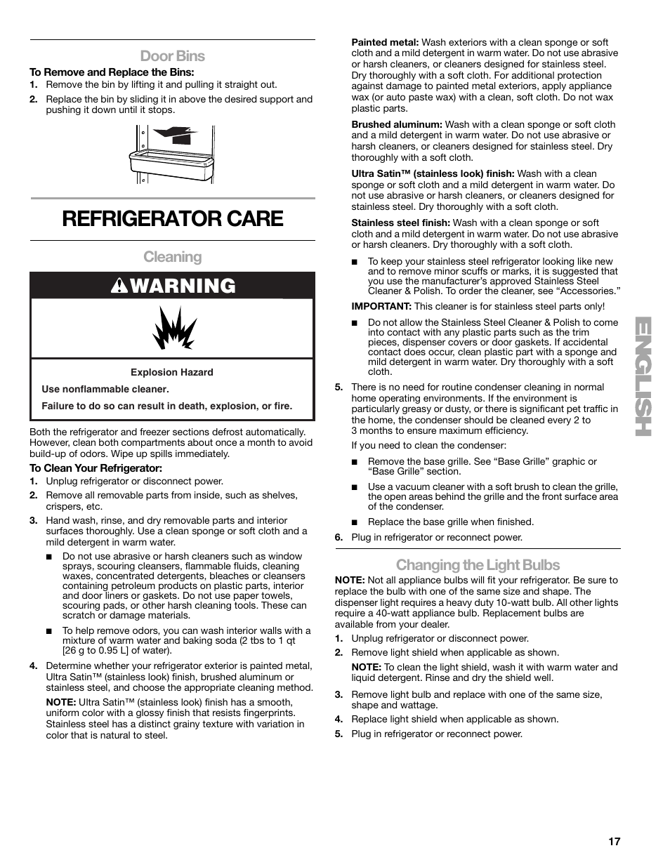 Refrigerator care, Warning, Door bins | Cleaning, Changing the light bulbs | Sears T1KB2/T1RFKB2 User Manual | Page 17 / 72