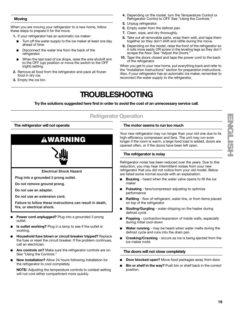 Troubleshooting, Warning, Refrigerator operation | Sears T1KB2/T1RFKB2 User Manual | Page 19 / 72