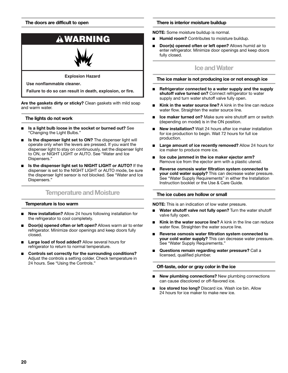 Warning, Temperature and moisture, Ice and water | Sears T1KB2/T1RFKB2 User Manual | Page 20 / 72