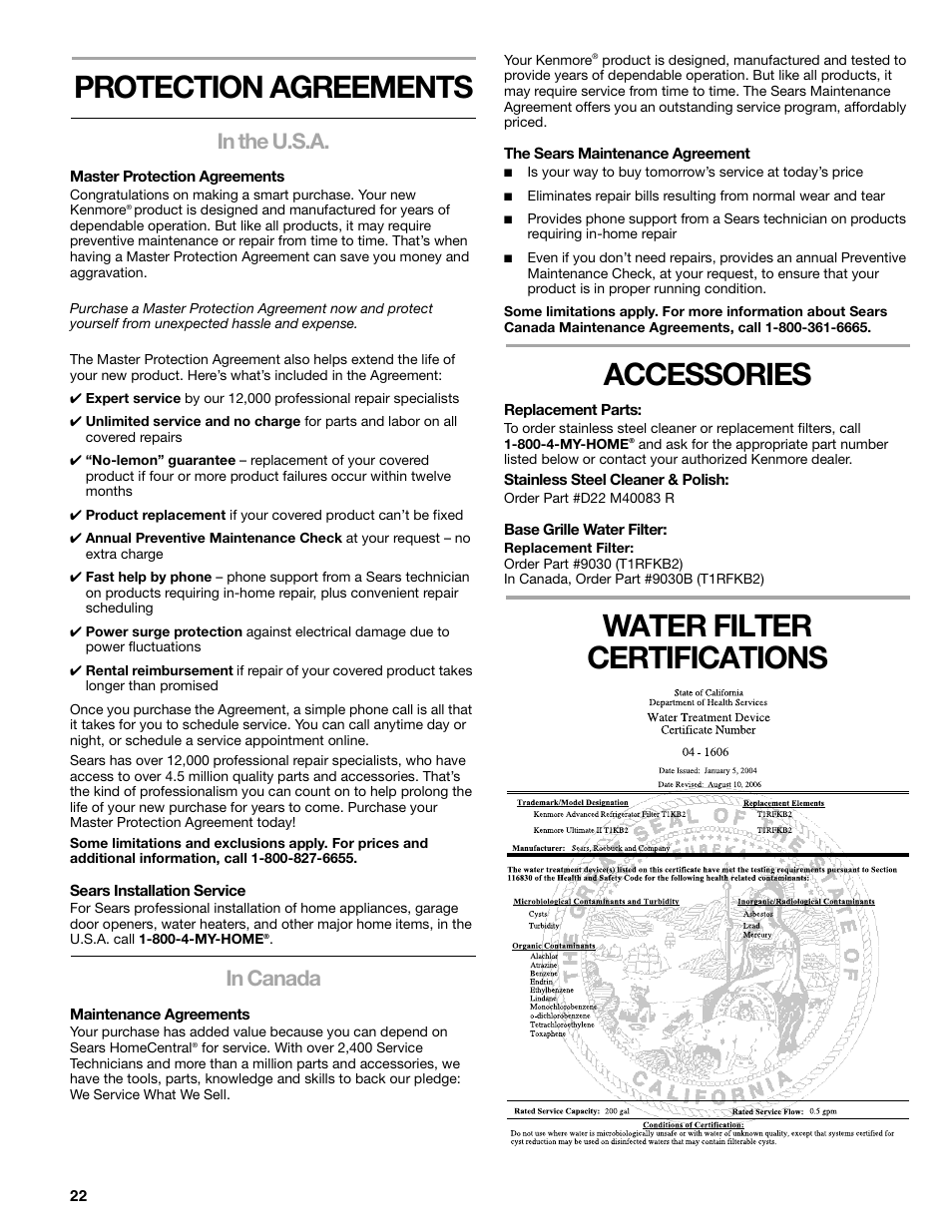 Protection agreements, Accessories, Water filter certifications | Sears T1KB2/T1RFKB2 User Manual | Page 22 / 72