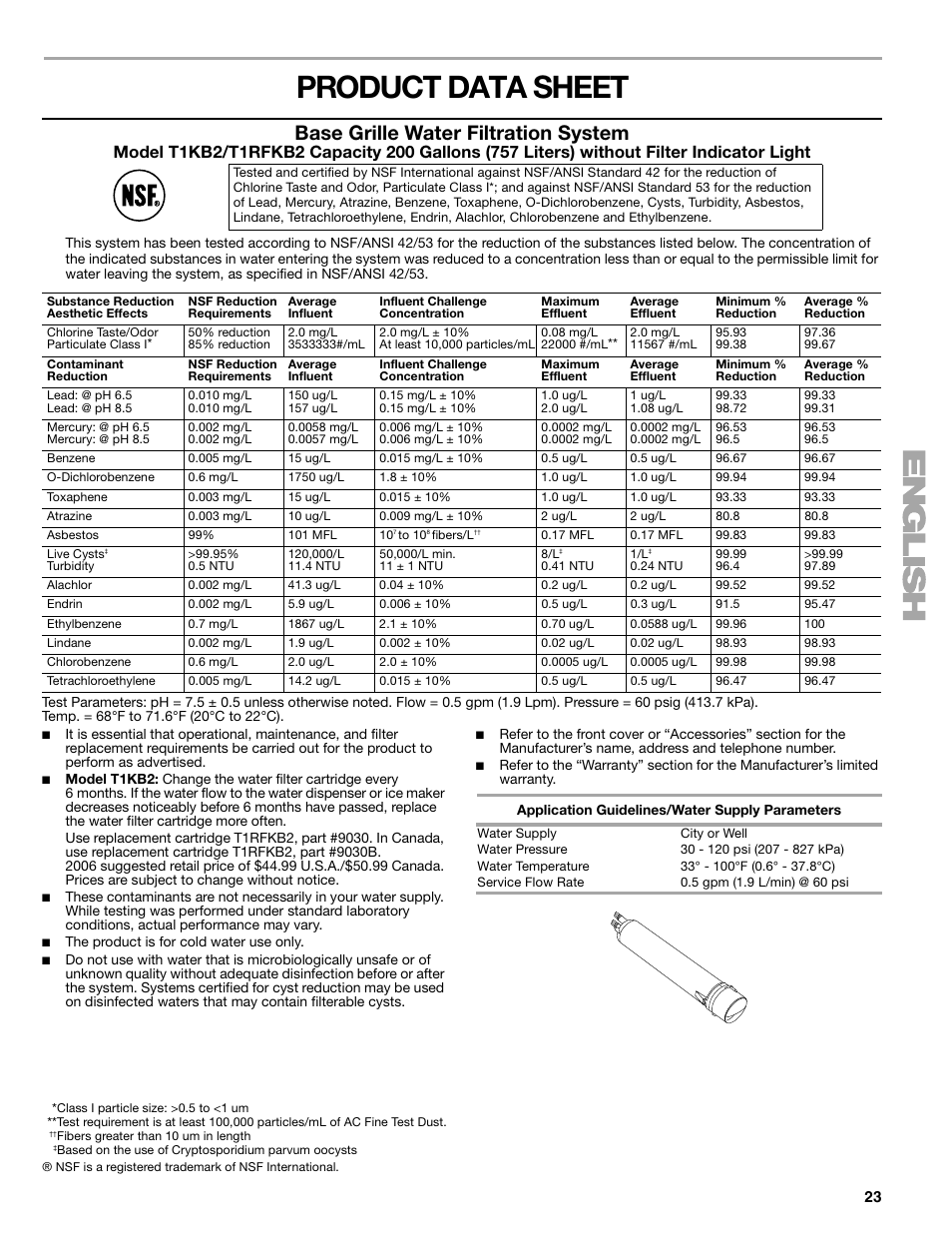 Product data sheet, Base grille water filtration system | Sears T1KB2/T1RFKB2 User Manual | Page 23 / 72