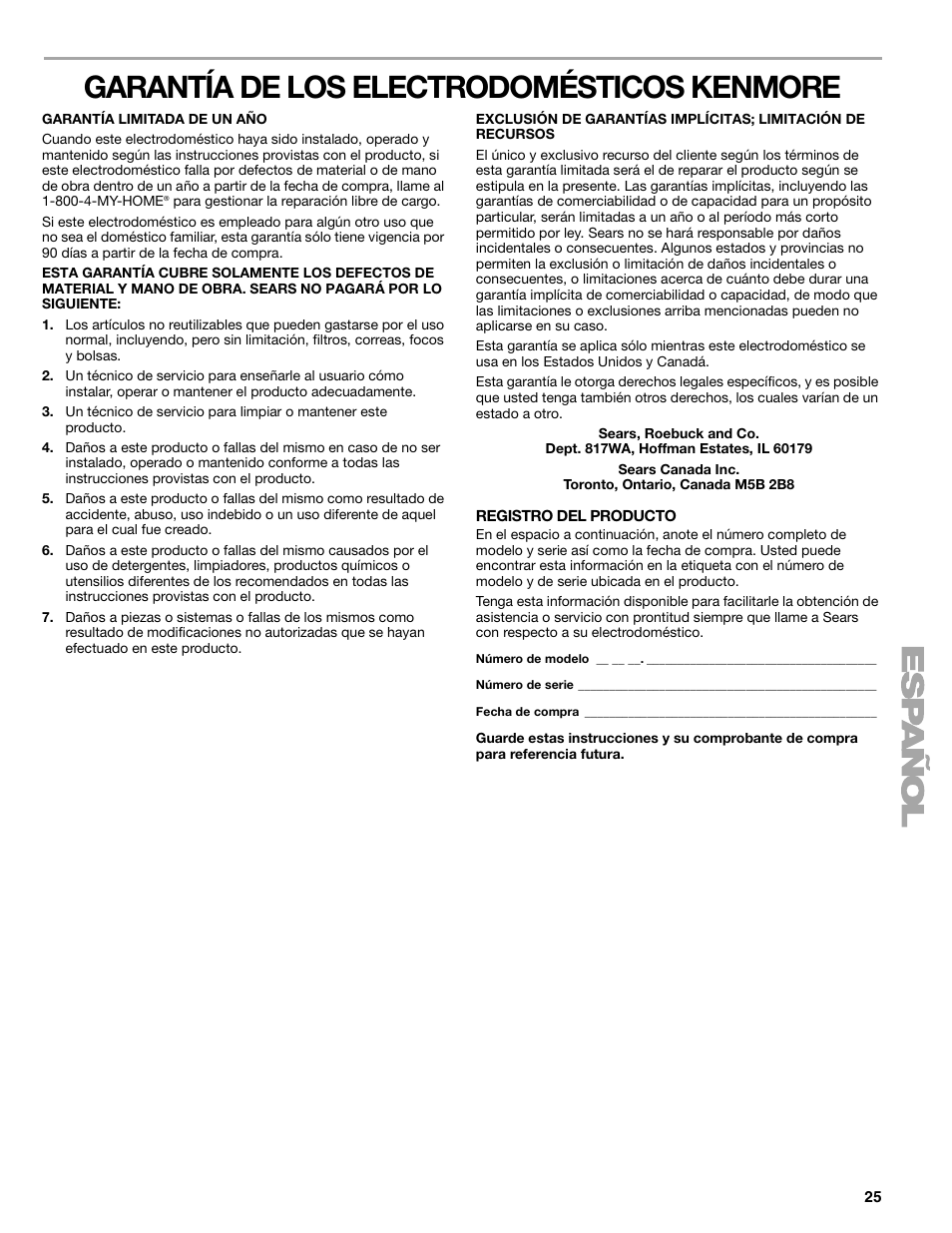 Garantía de los electrodomésticos kenmore | Sears T1KB2/T1RFKB2 User Manual | Page 25 / 72